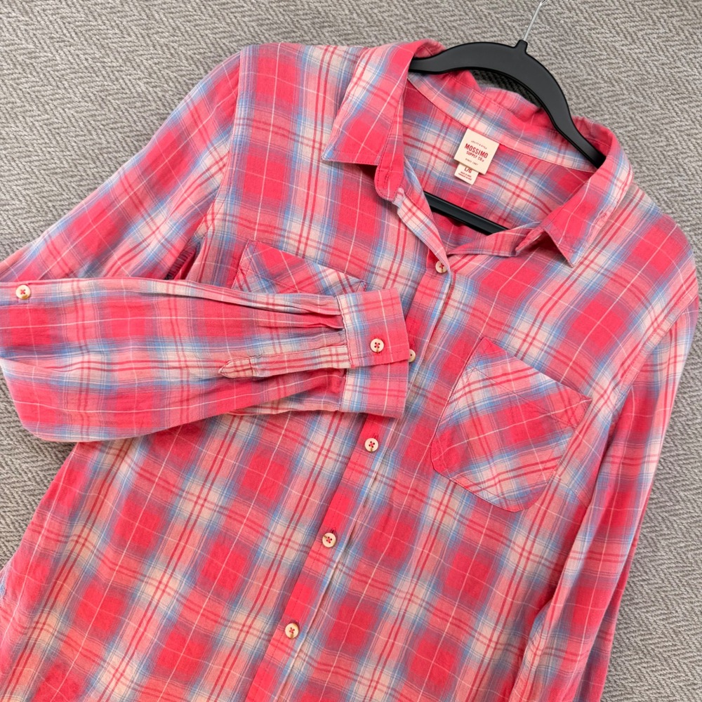 Mossimo Button Down Shirt Large Pink Blue Plaid Cotton Blend Casual Flannel